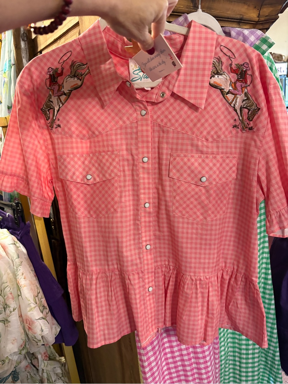 NWT, Pink Gingham Western Blouse with Pearl Snap & Embroidered Rodeo Detail, L